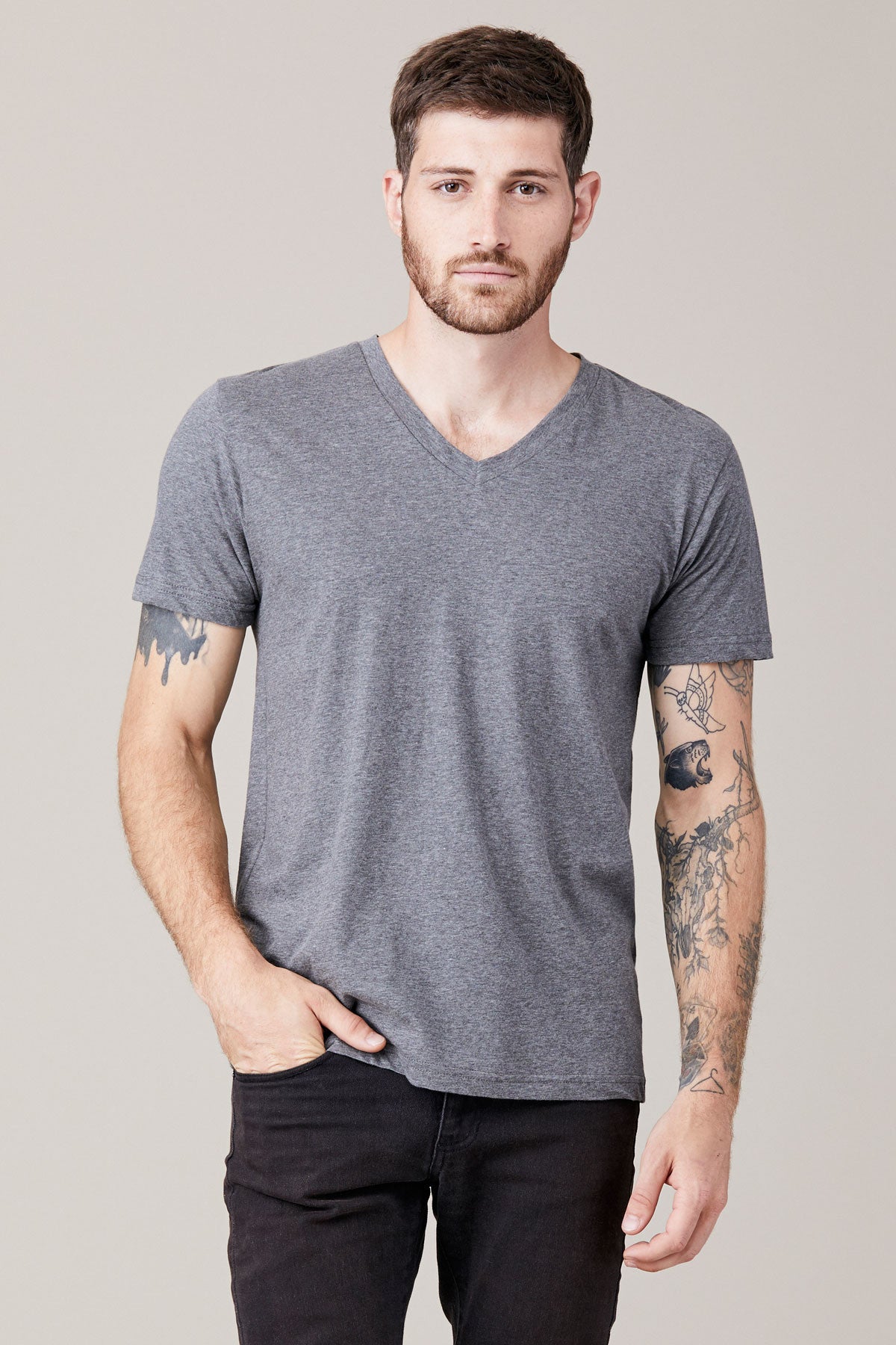 Men's Short Sleeve V Neck - Heather Grey