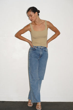 LNA Essentail Ribbed Scoop Tank in Pale Khaki