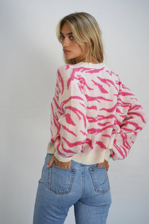 LNA Animal Jacquard Sweater in Ivory and Pink Animal