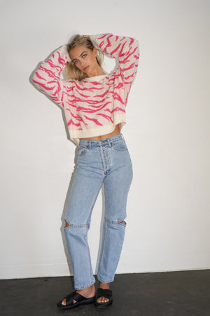 LNA Animal Jacquard Sweater in Ivory and Pink Animal