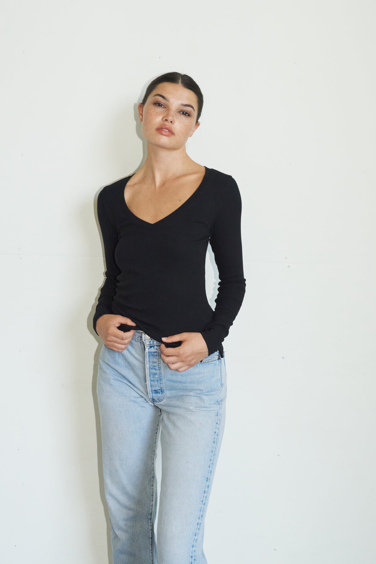 LNA V Neck Ribbed Long Sleeve top in Black