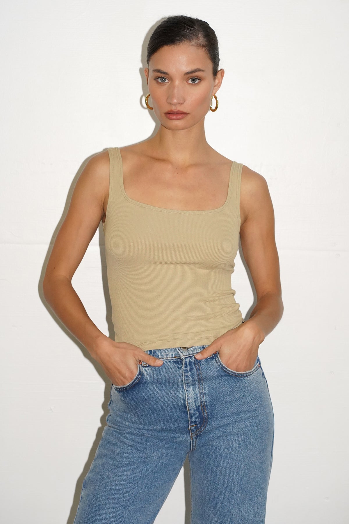 LNA Essentail Ribbed Scoop Tank in Pale Khaki