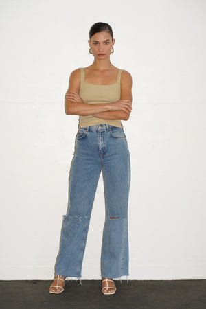 LNA Essentail Ribbed Scoop Tank in Pale Khaki