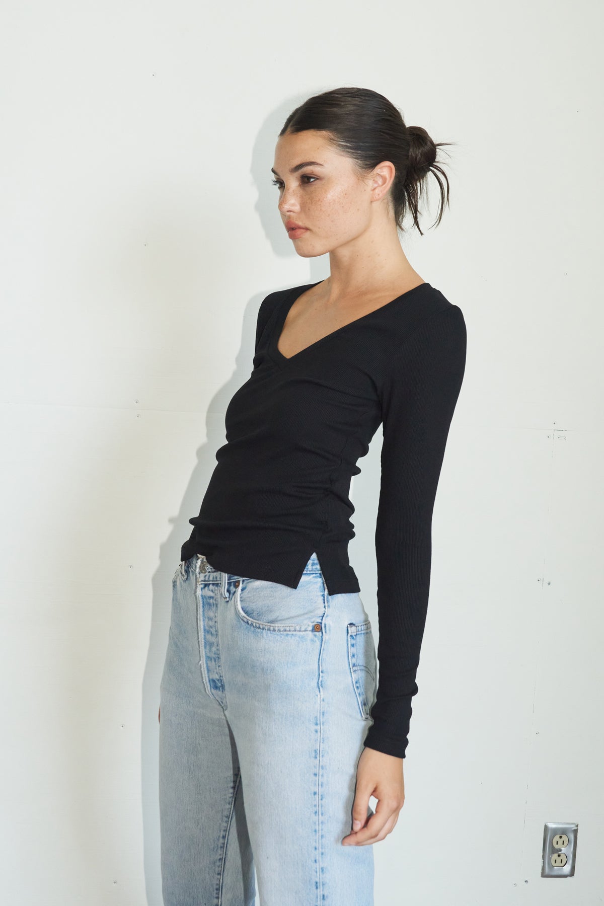 LNA V Neck Ribbed Long Sleeve top in Black