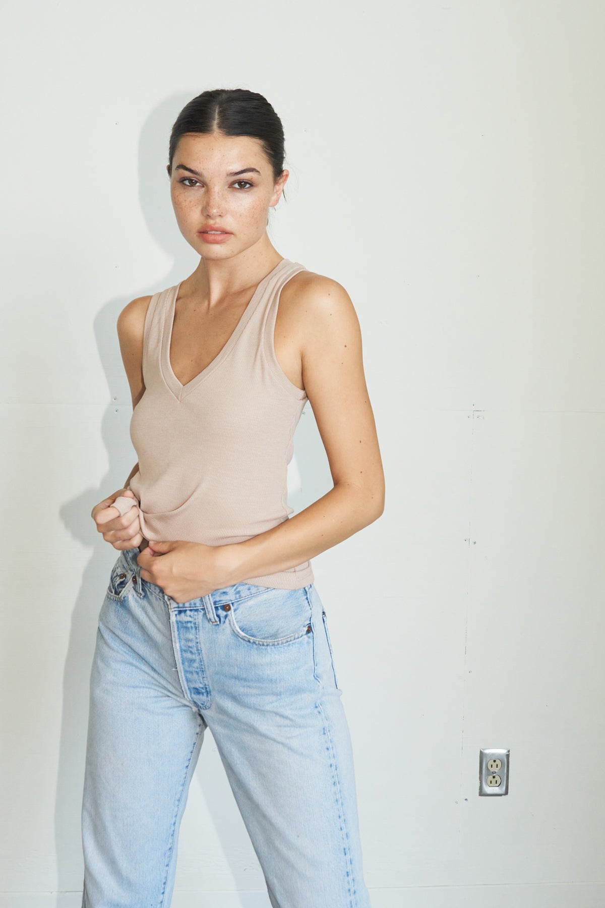 LNA Ribbed V Slim Tank in Nude 