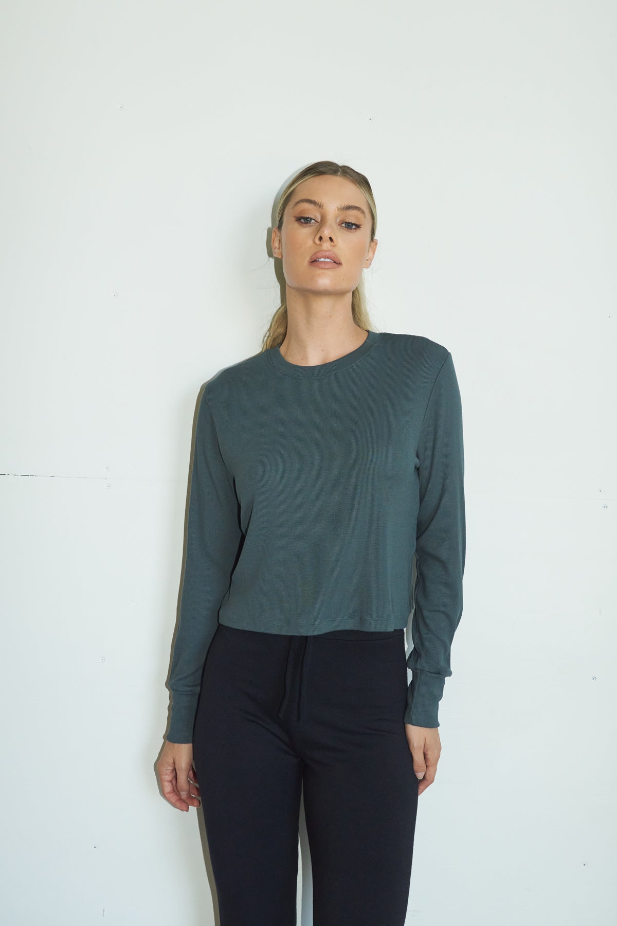 LNA Ribbed Long Sleeve Crew in Dark Olive Green