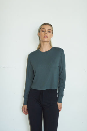 LNA Ribbed Long Sleeve Crew in Dark Olive Green