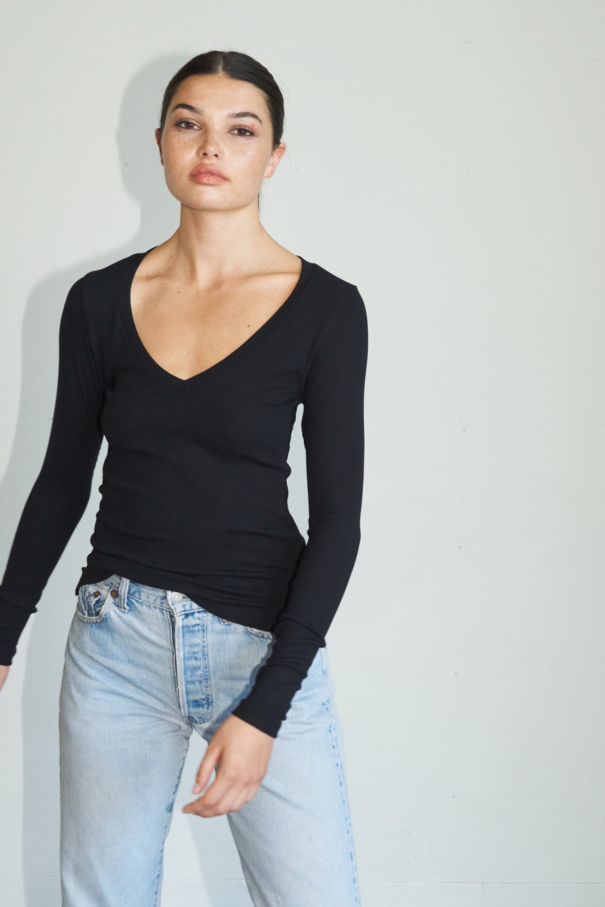 LNA V Neck Ribbed Long Sleeve top in Black