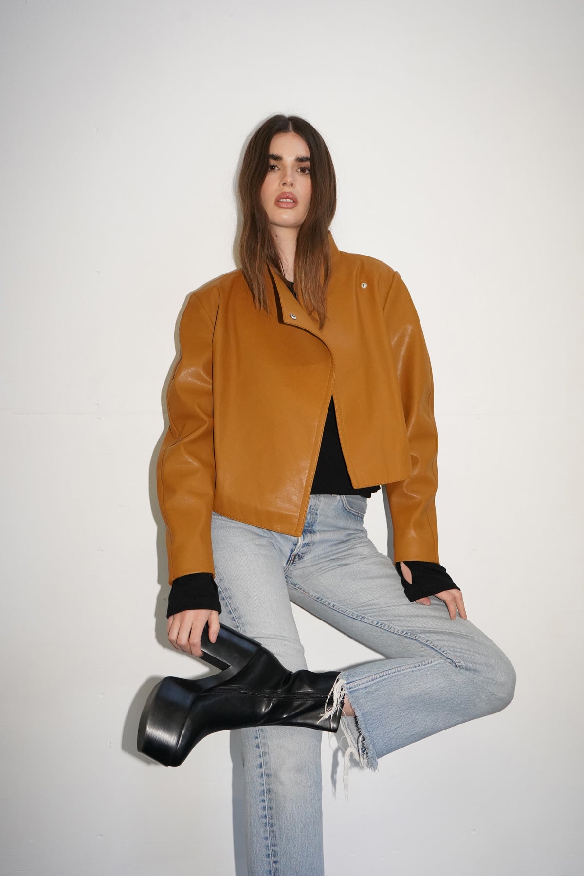 LNA Solo Faux Leather Jacket in Toffee