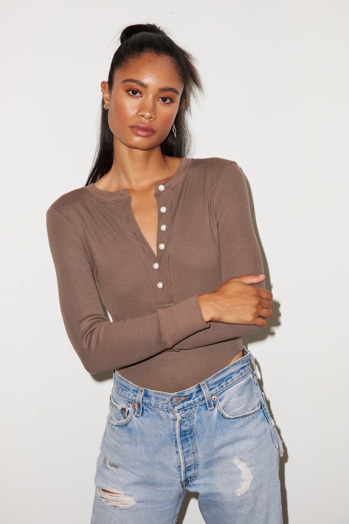 LNA Nolan Waffle Bodysuit in Taupe