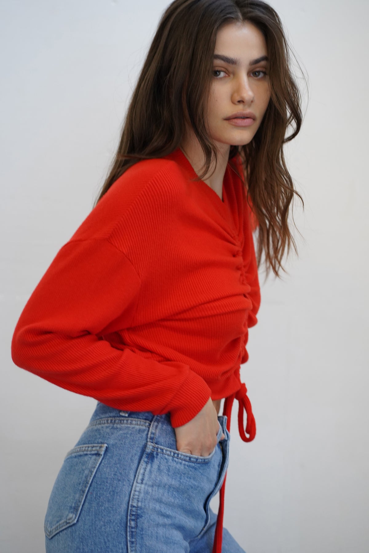 Allie Sweater Rib Ruched Top in Tomato Red