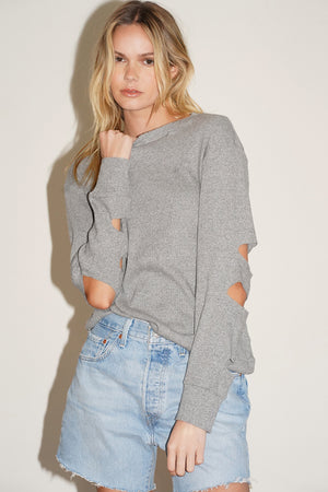 LNA Distressed Cotton Rib Long Sleeve in Heather Grey