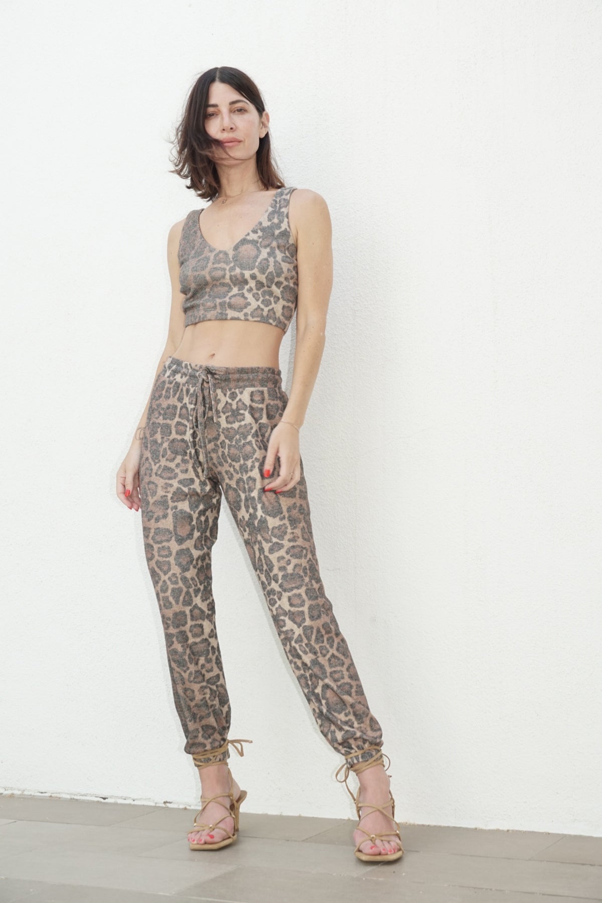LNA Brushed Rib Pant in Leopard Print