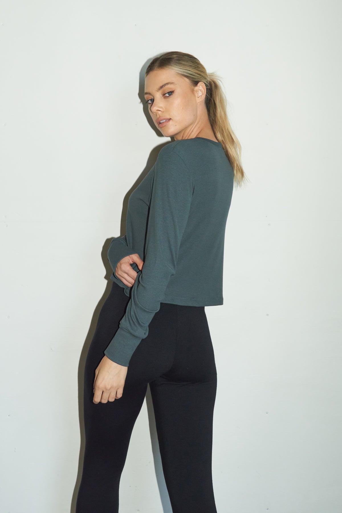 LNA Ribbed Long Sleeve Crew in Dark Olive Green